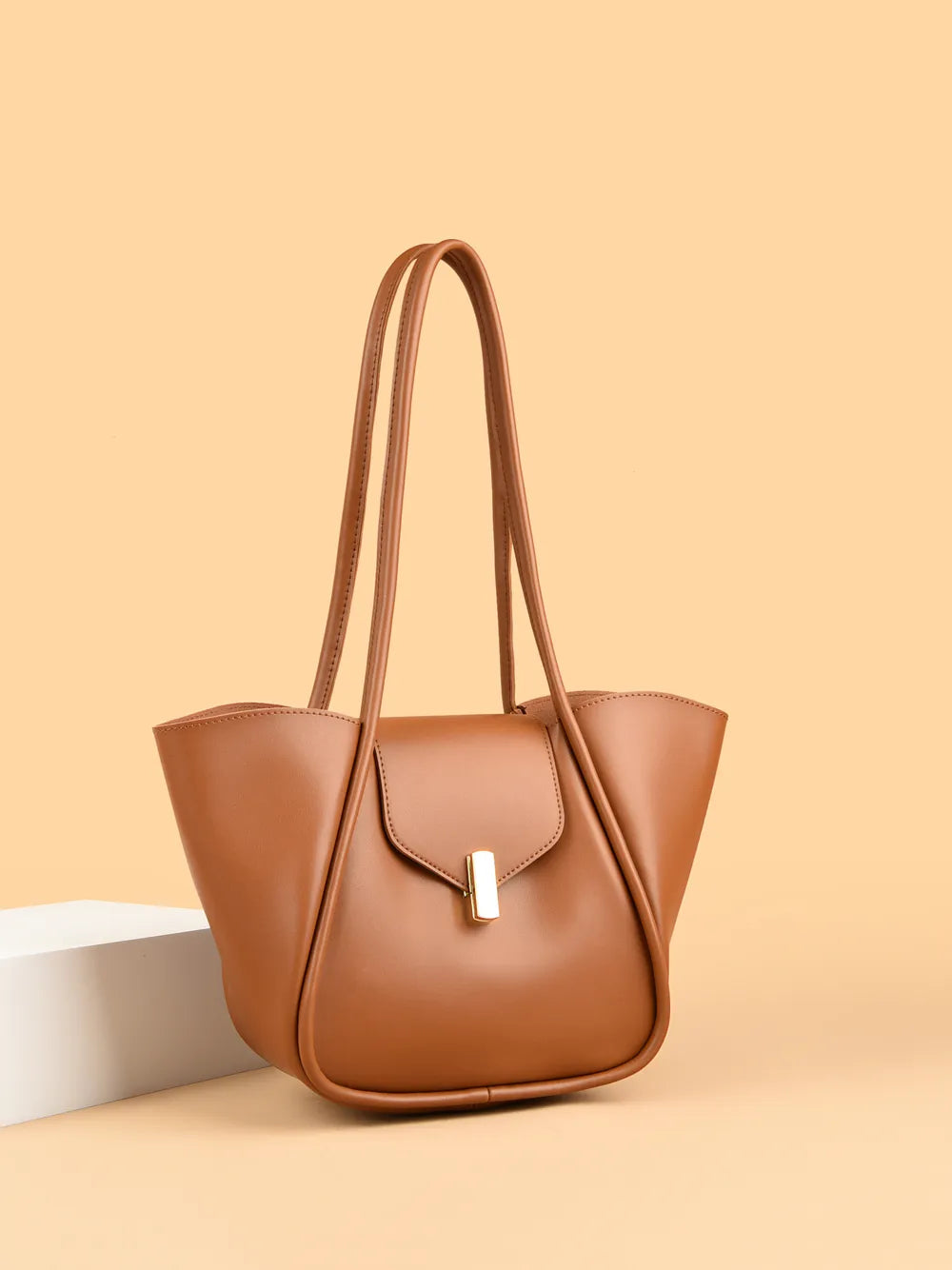 PU Leather Shoulder Bag with Pouch Caramel One Size