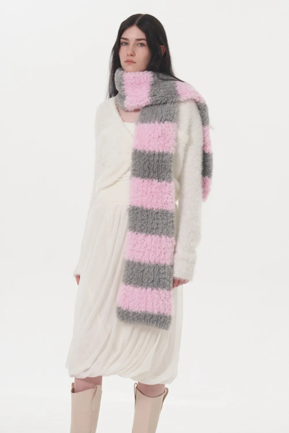 Fuzzy Contrast Striped Scarf Pink One Size