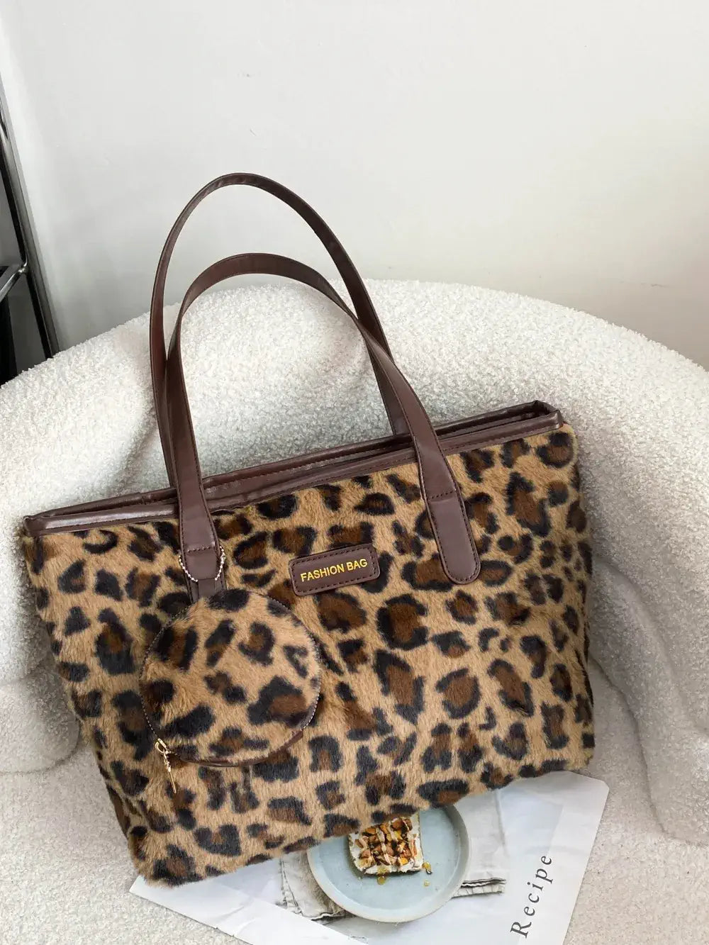 faux fur leopard bag with purse