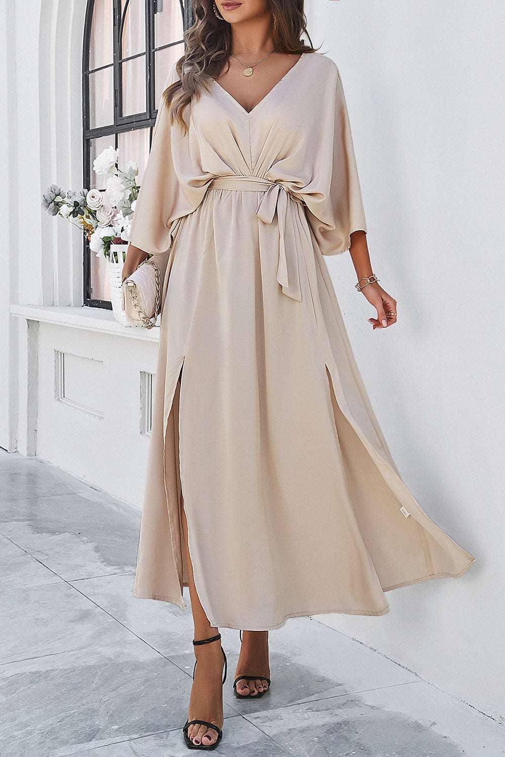 3/4 sleeve dress for wedding guest Beige