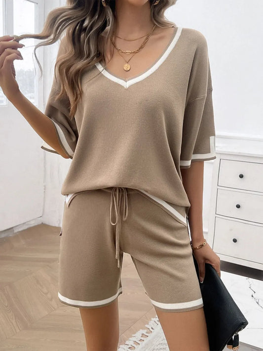 V-Neck Top and Shorts Set Mocha