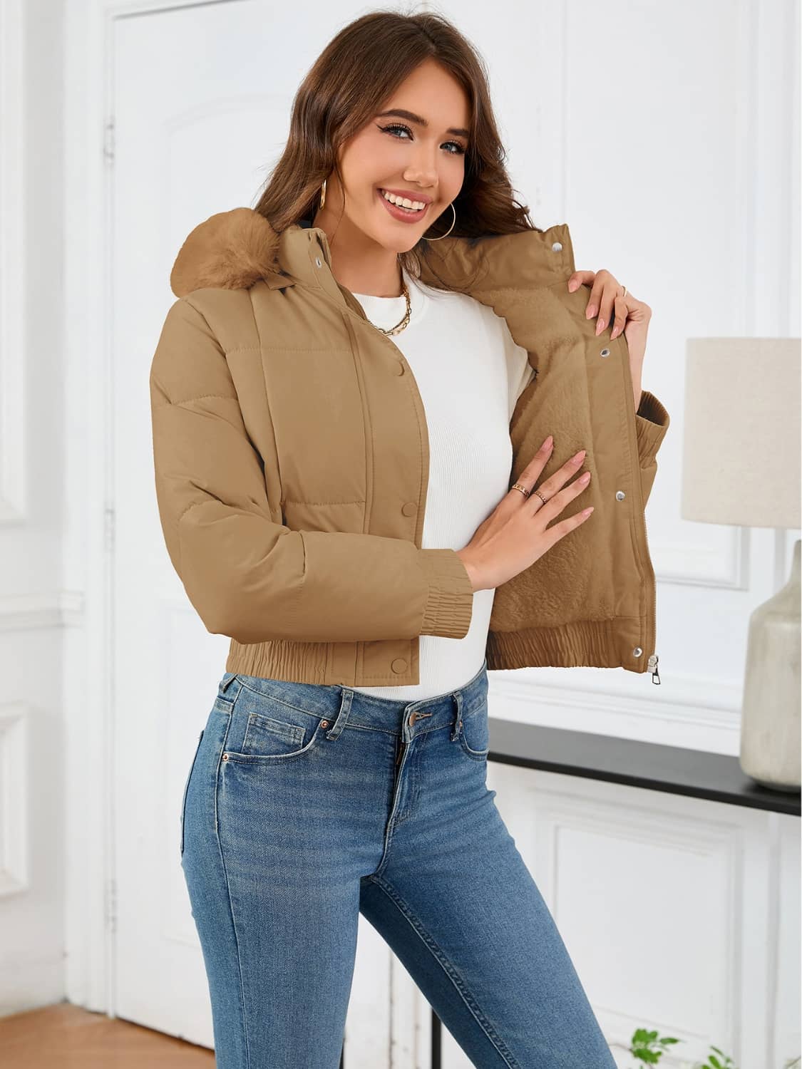 crop puffer jacket with fur hood