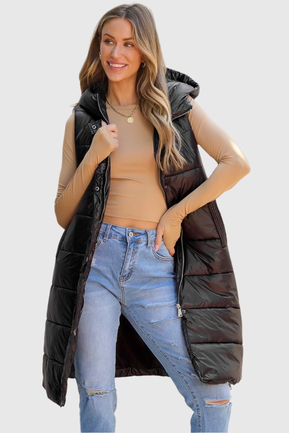 long puffer vest with hood