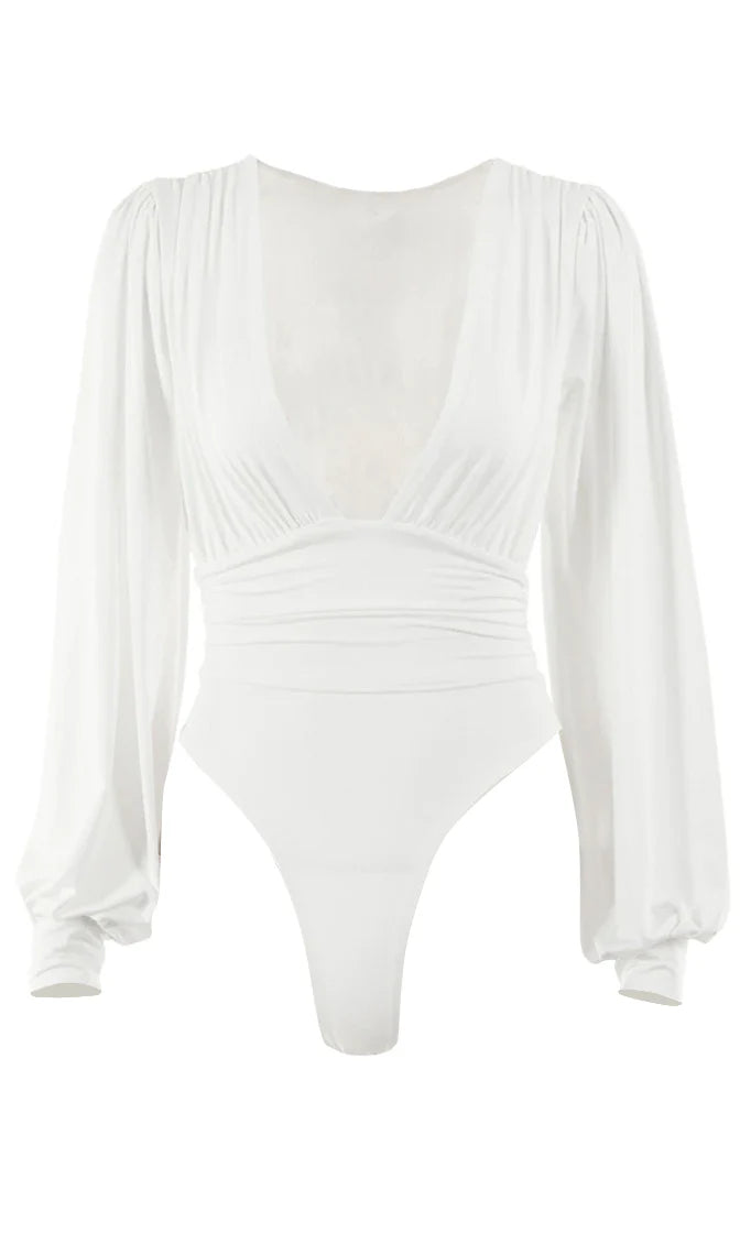 long sleeve deep v bodysuit White