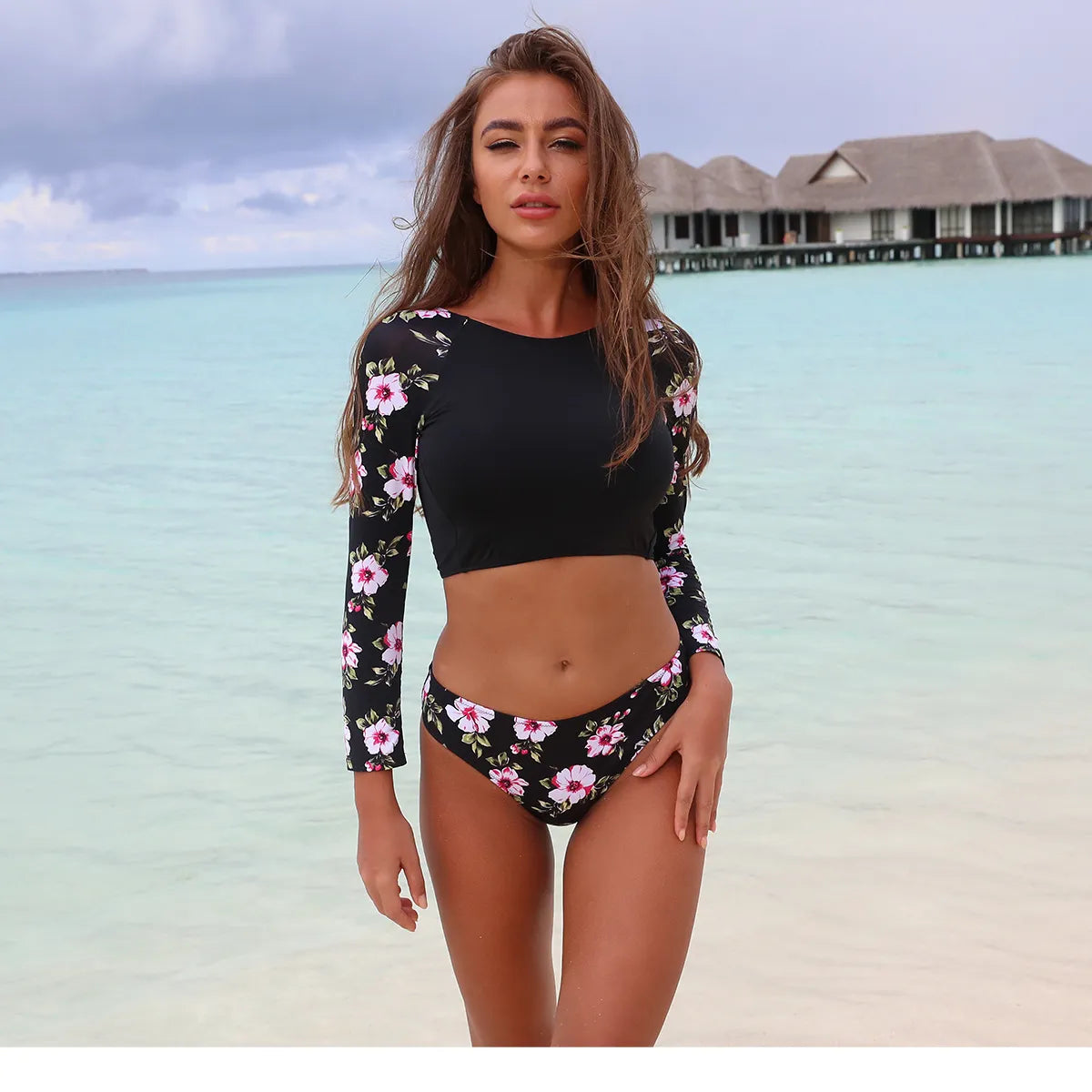 long sleeve swimsuit two piece Black