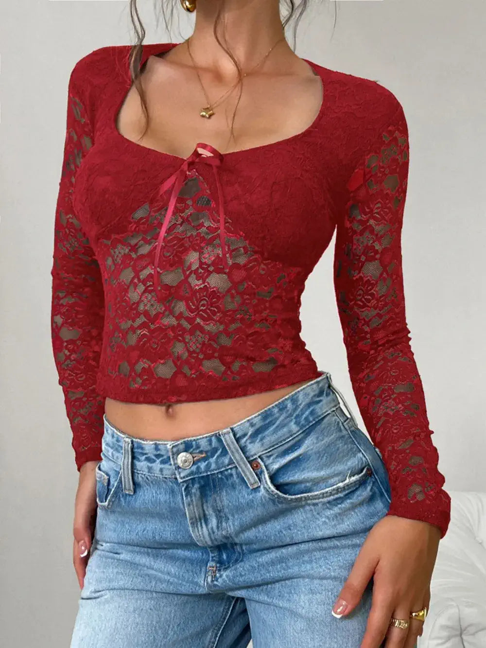 crop top lace long sleeve Burgundy