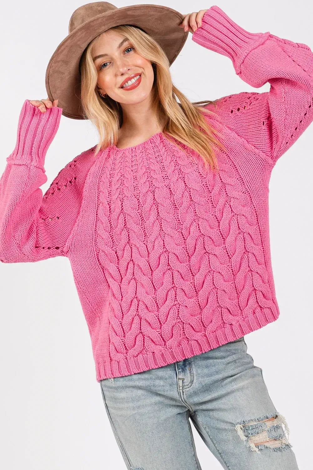 womens pink cable knit sweater