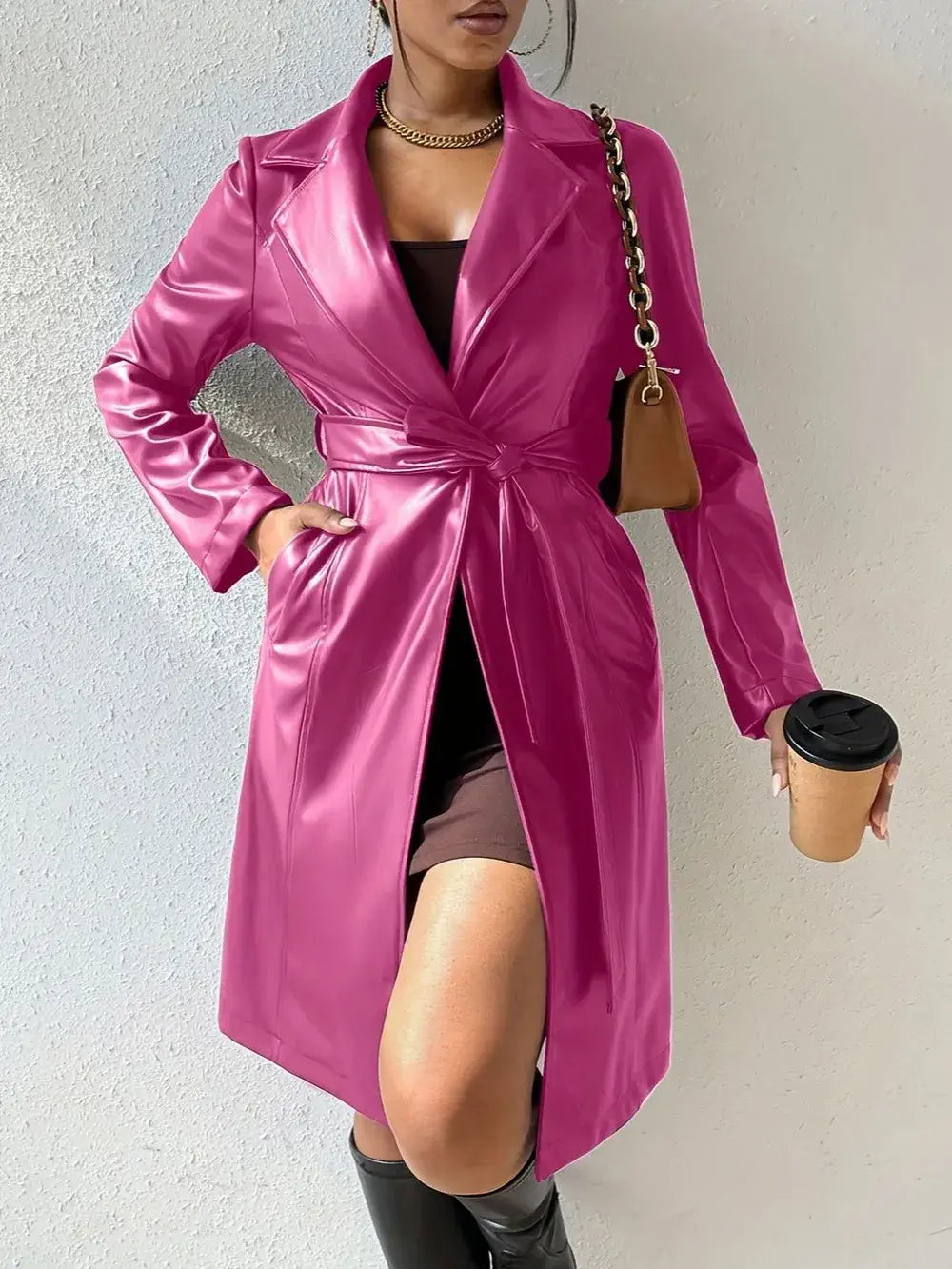 women's faux leather trench coat Rose Red