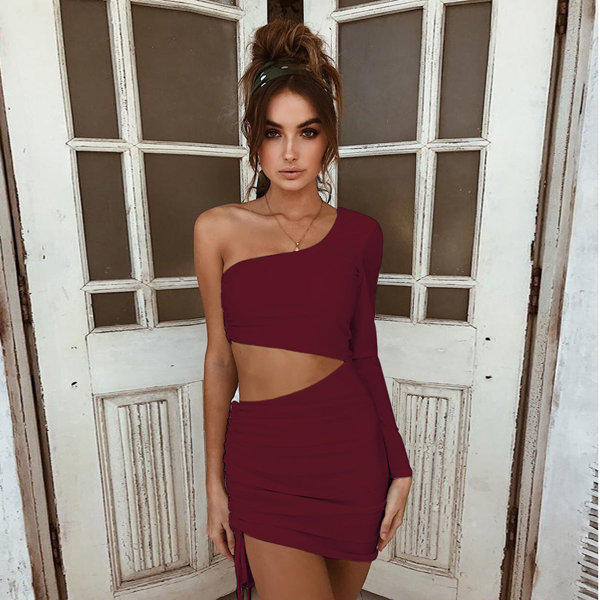 one long sleeve dress wine red