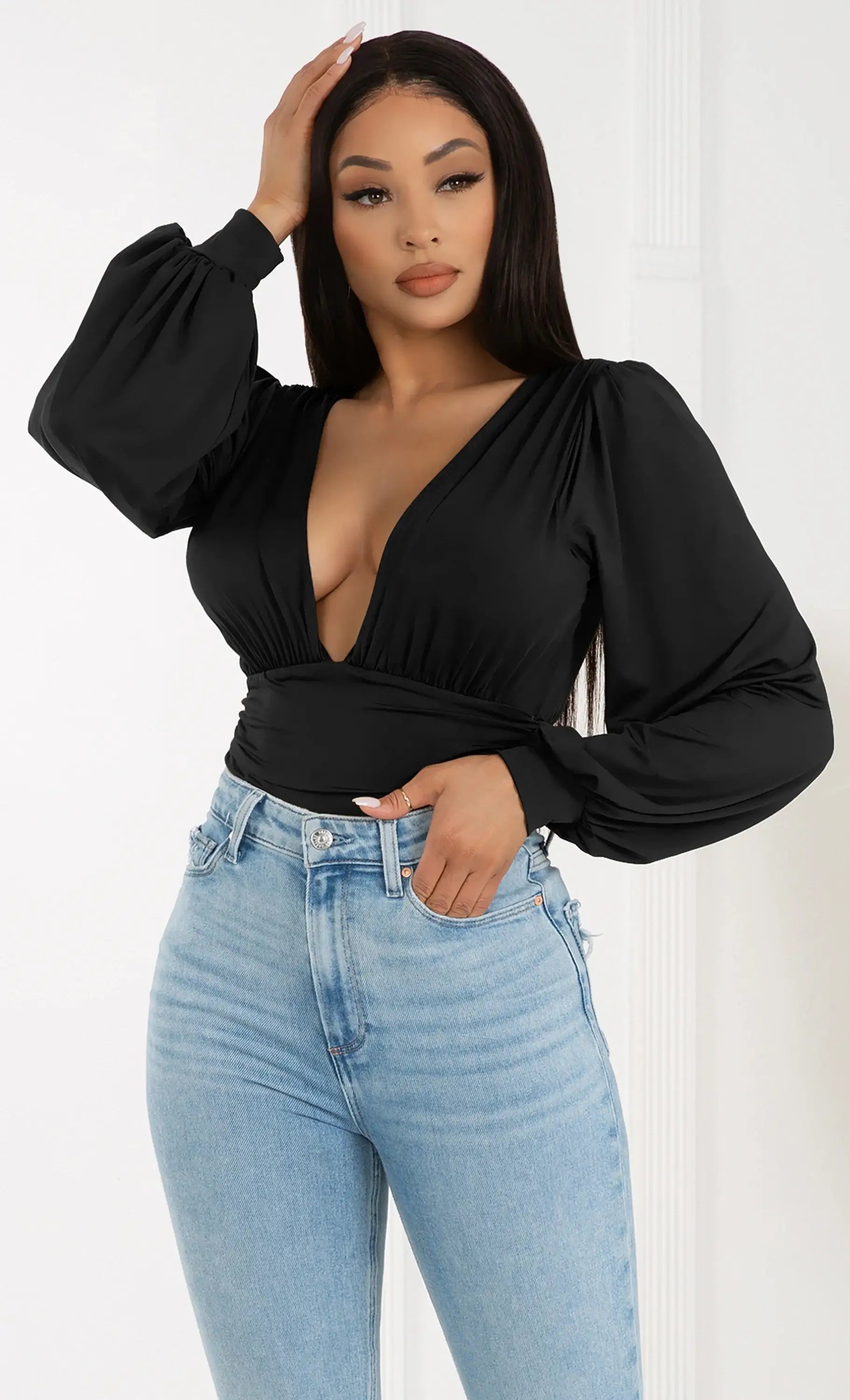 long sleeve deep v bodysuit