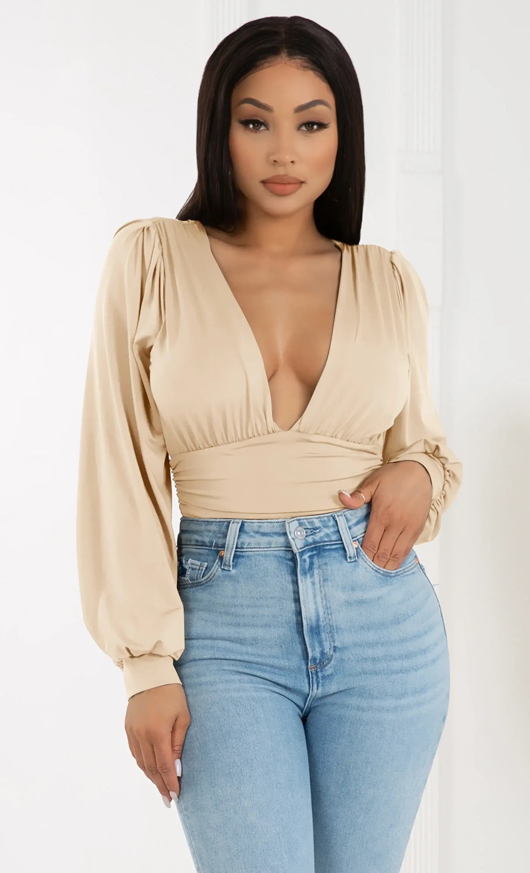 long sleeve deep v bodysuit