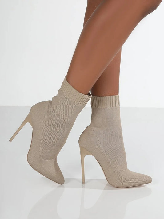 heeled sock boots point toe Beige