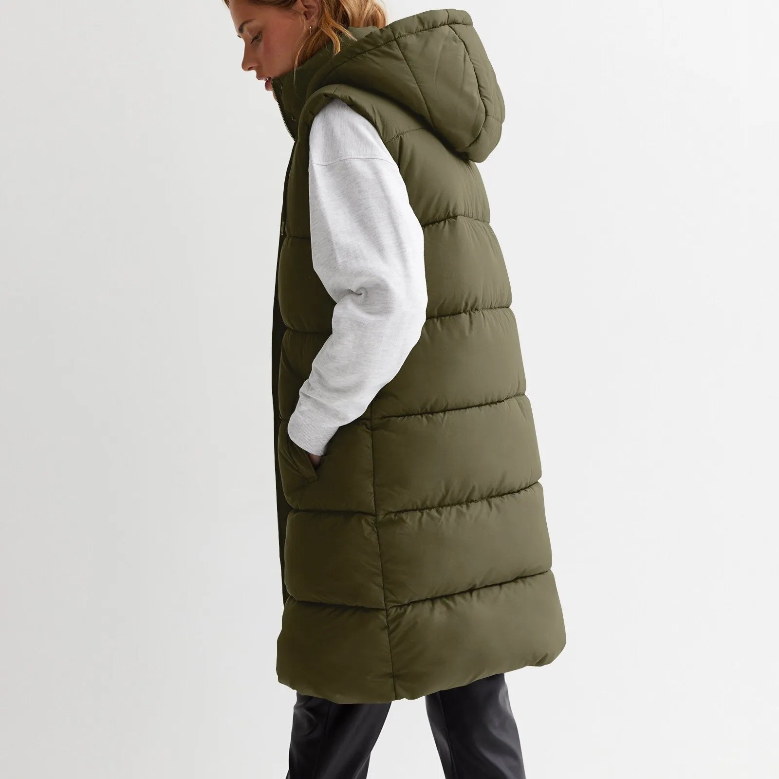 womens long puffer vest with hood