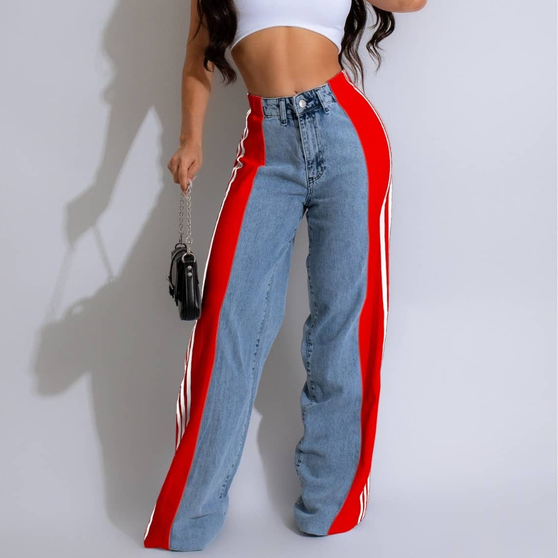 patchwork jeans womens Blue And Red