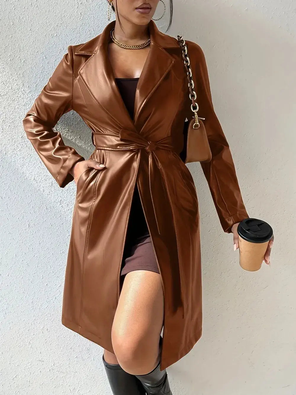 women's faux leather trench coat Brown