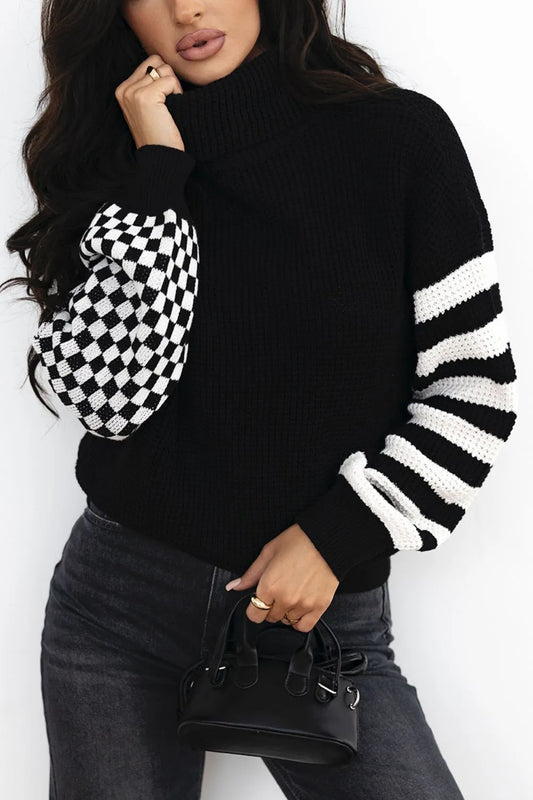 women's striped turtleneck sweater Black