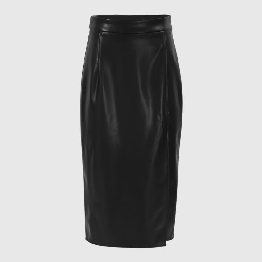 High Waist Slit Leather Skirt Black