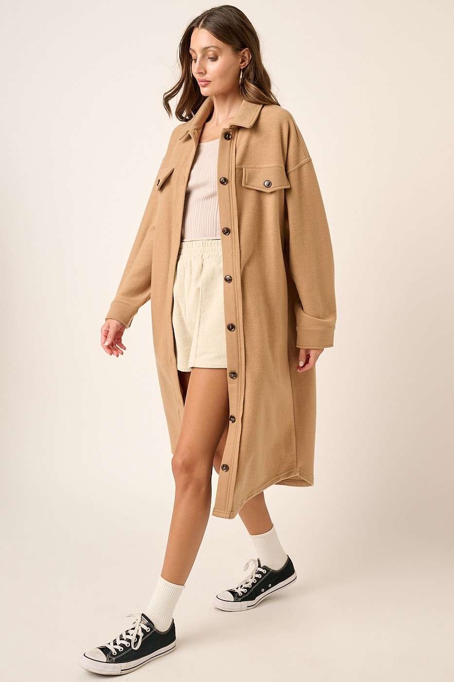 Button up French Terry Longline Jacket Camel