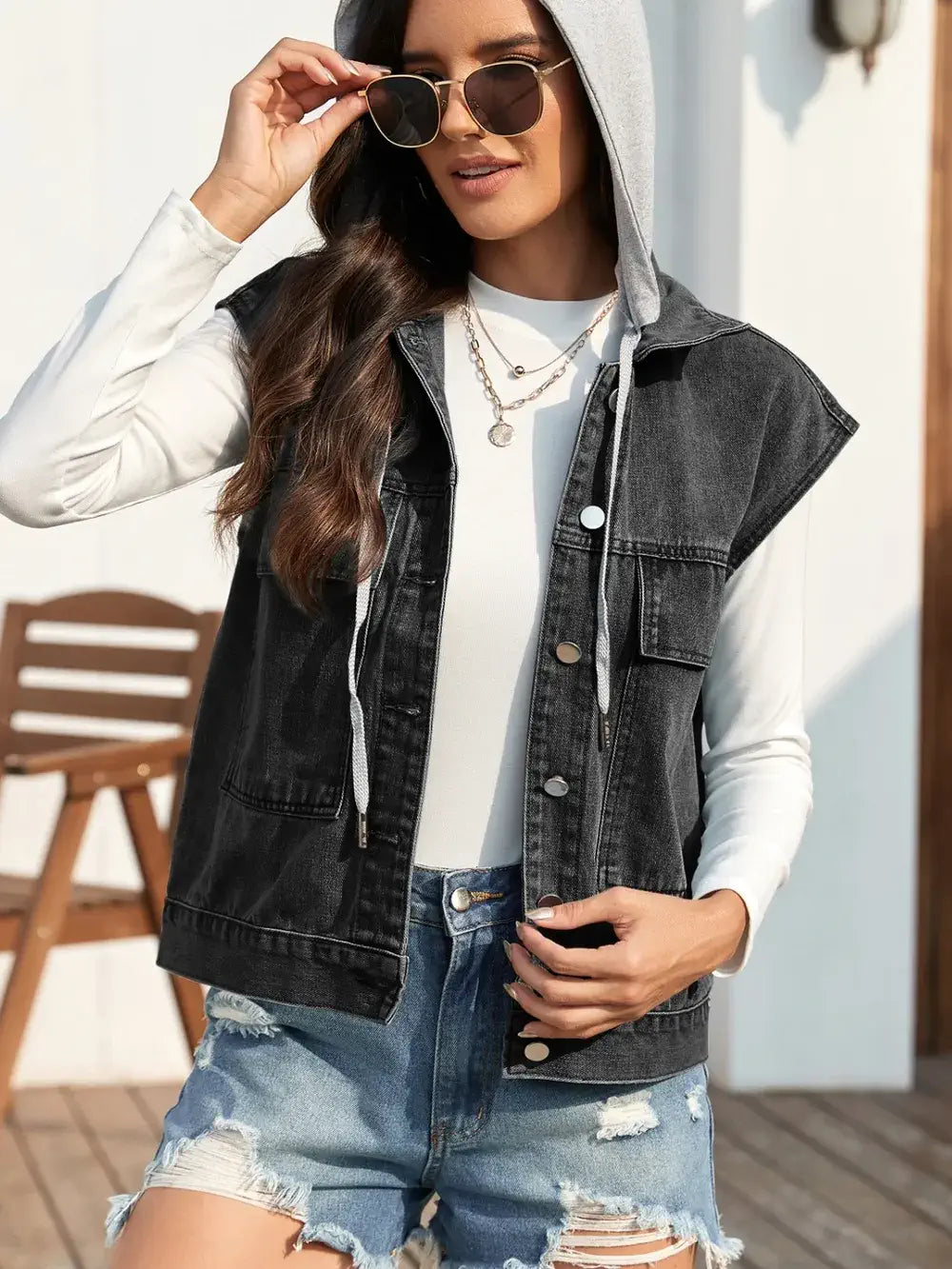 Button Up Sleeveless Denim Jacket