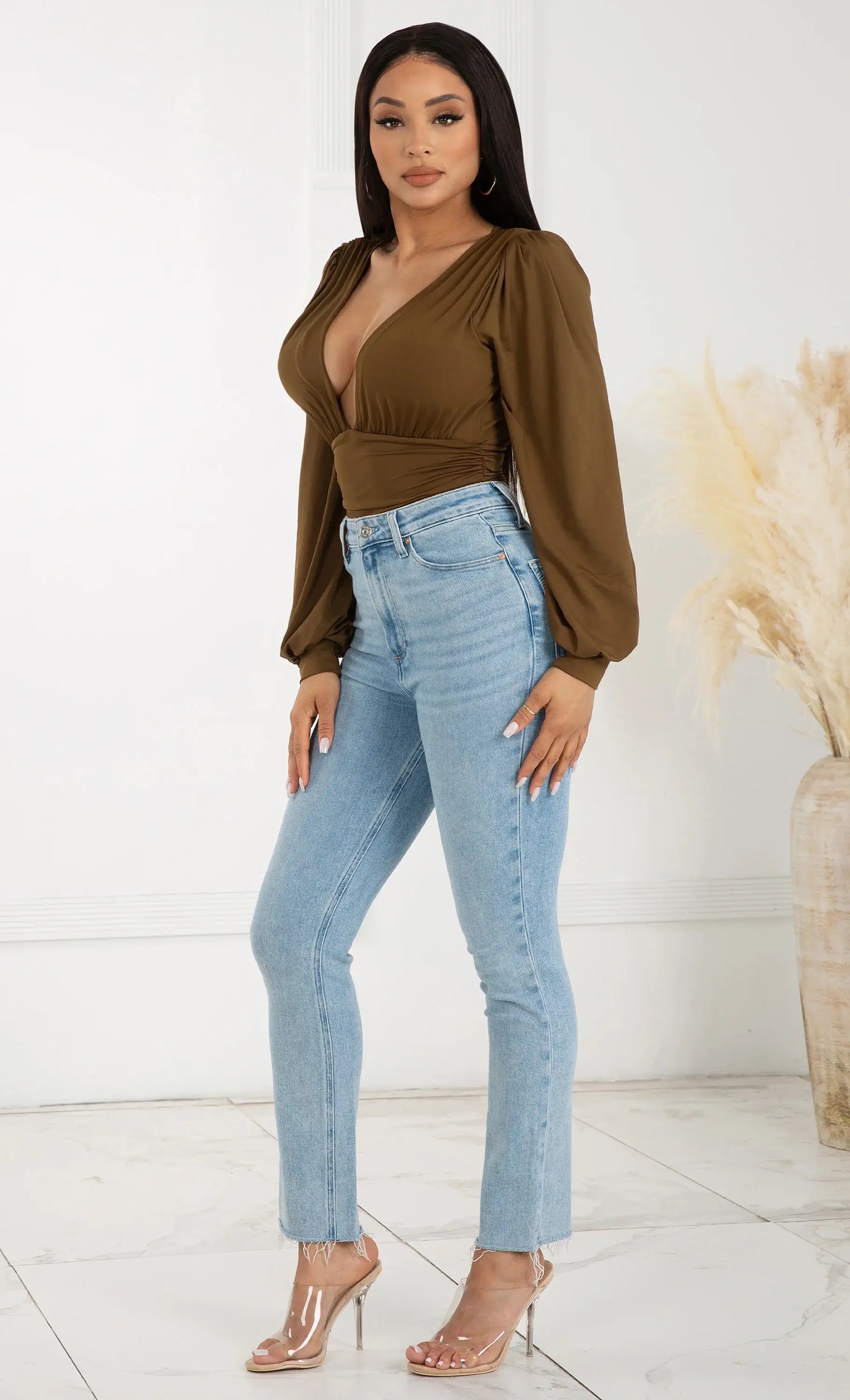 long sleeve deep v bodysuit