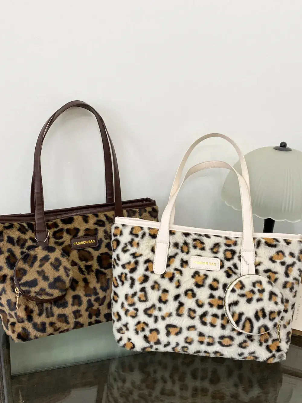 faux fur leopard bag with purse