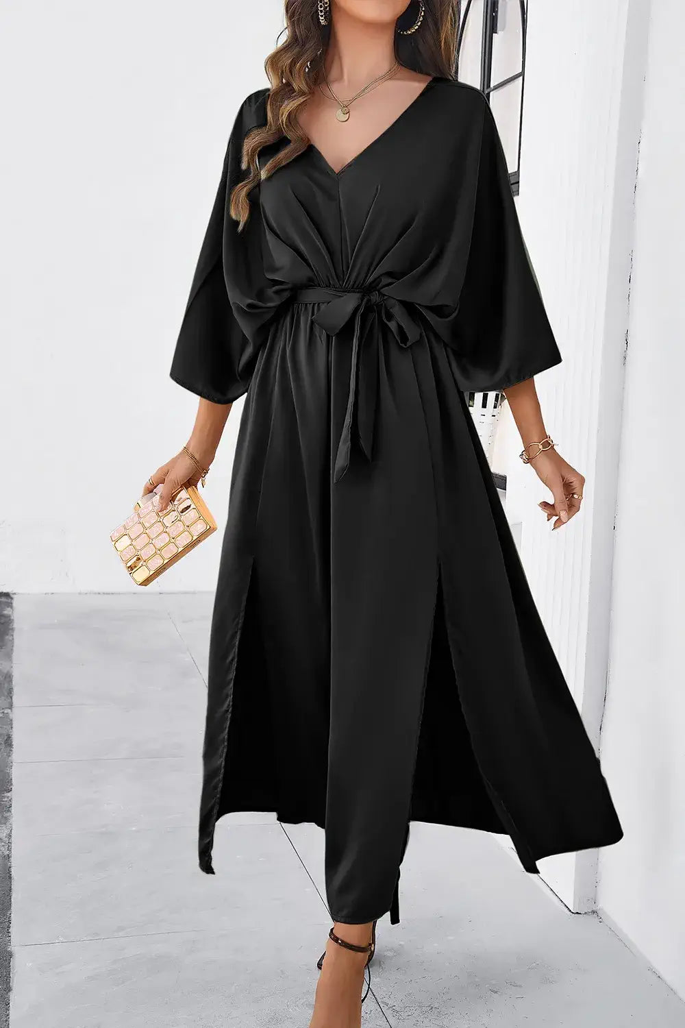 3/4 sleeve dress for wedding guest Black