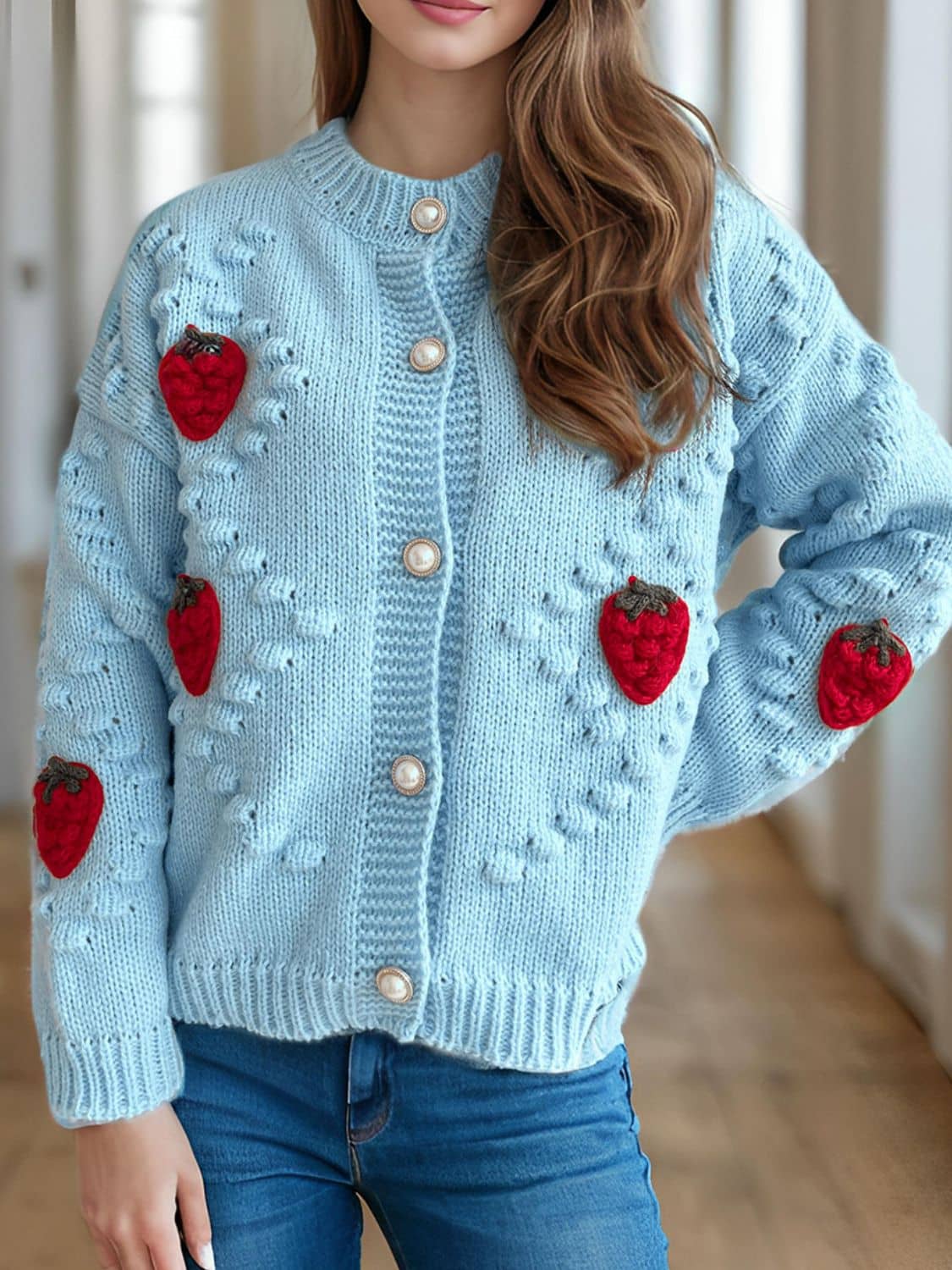 women's strawberry cardigan Pastel Blue One Size