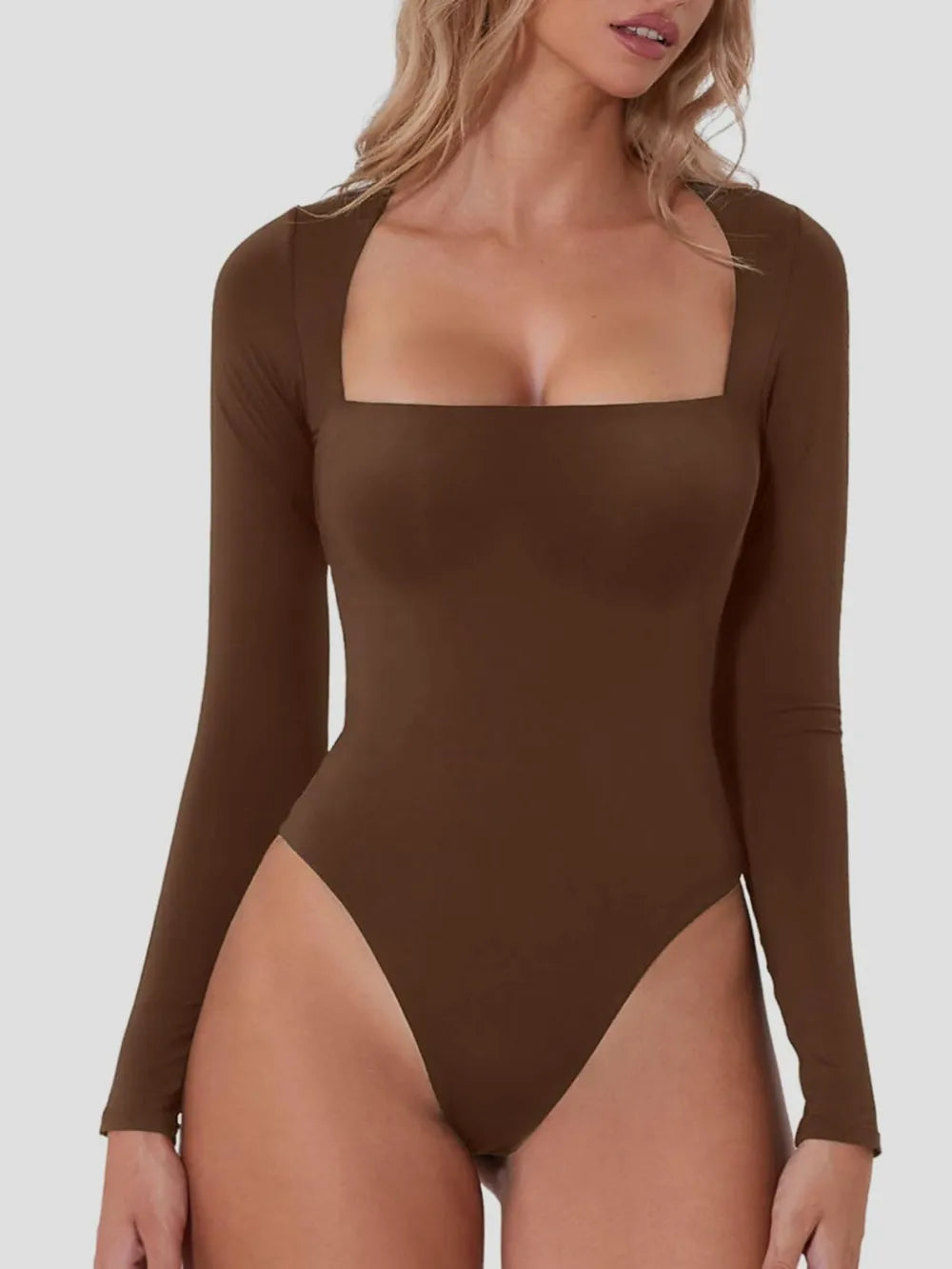 square neck bodysuit long sleeve Brown