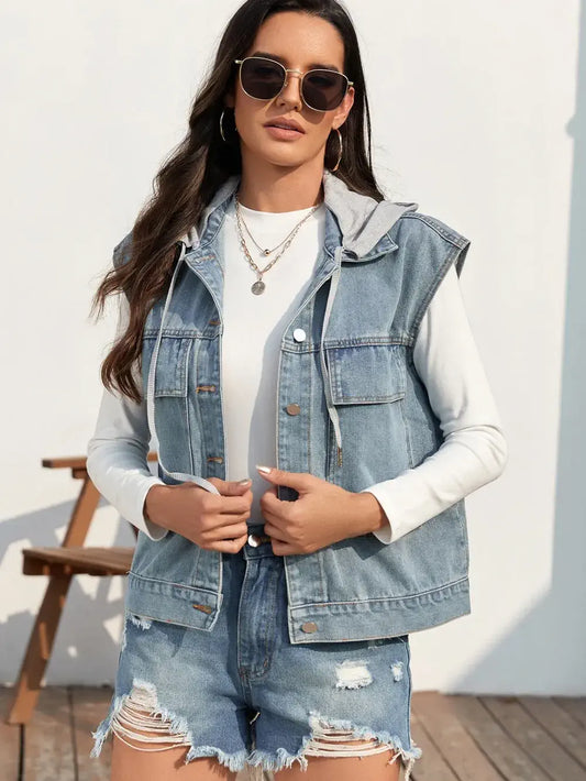 Button Up Sleeveless Denim Jacket Light Blue