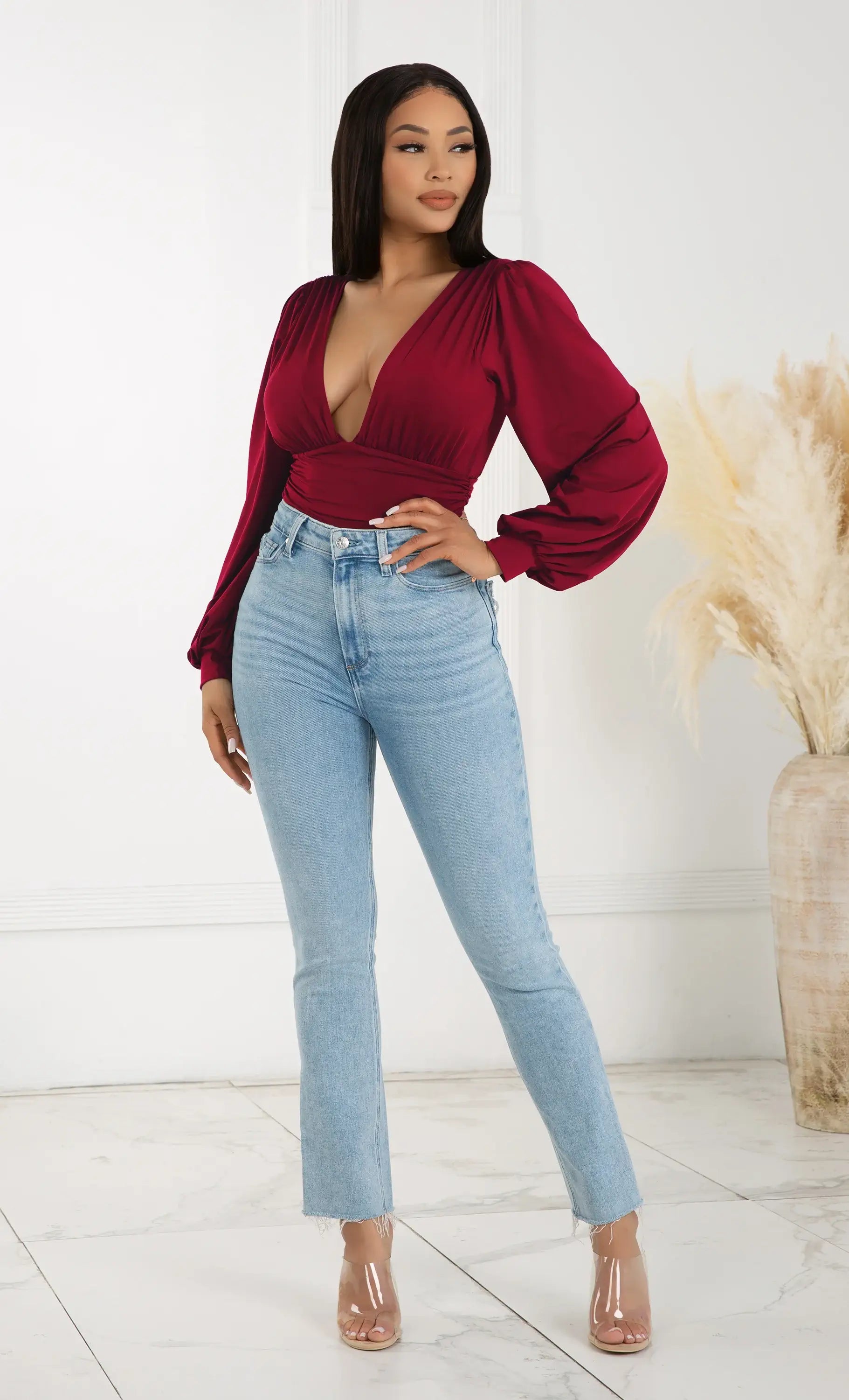 long sleeve deep v bodysuit