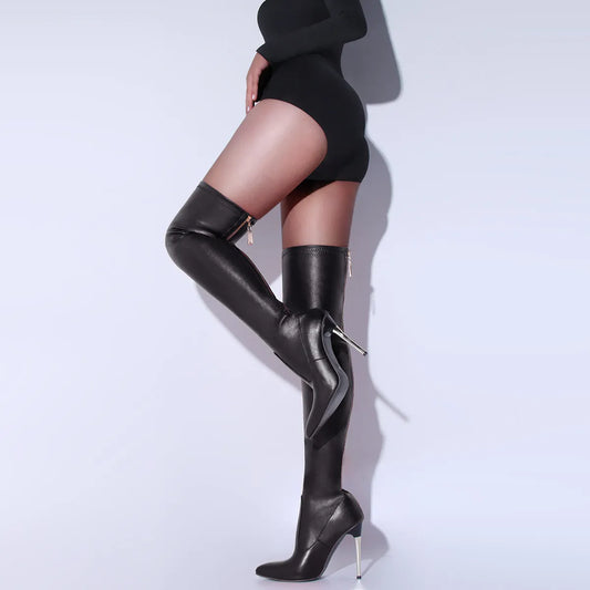 over the knee high boots leather Black