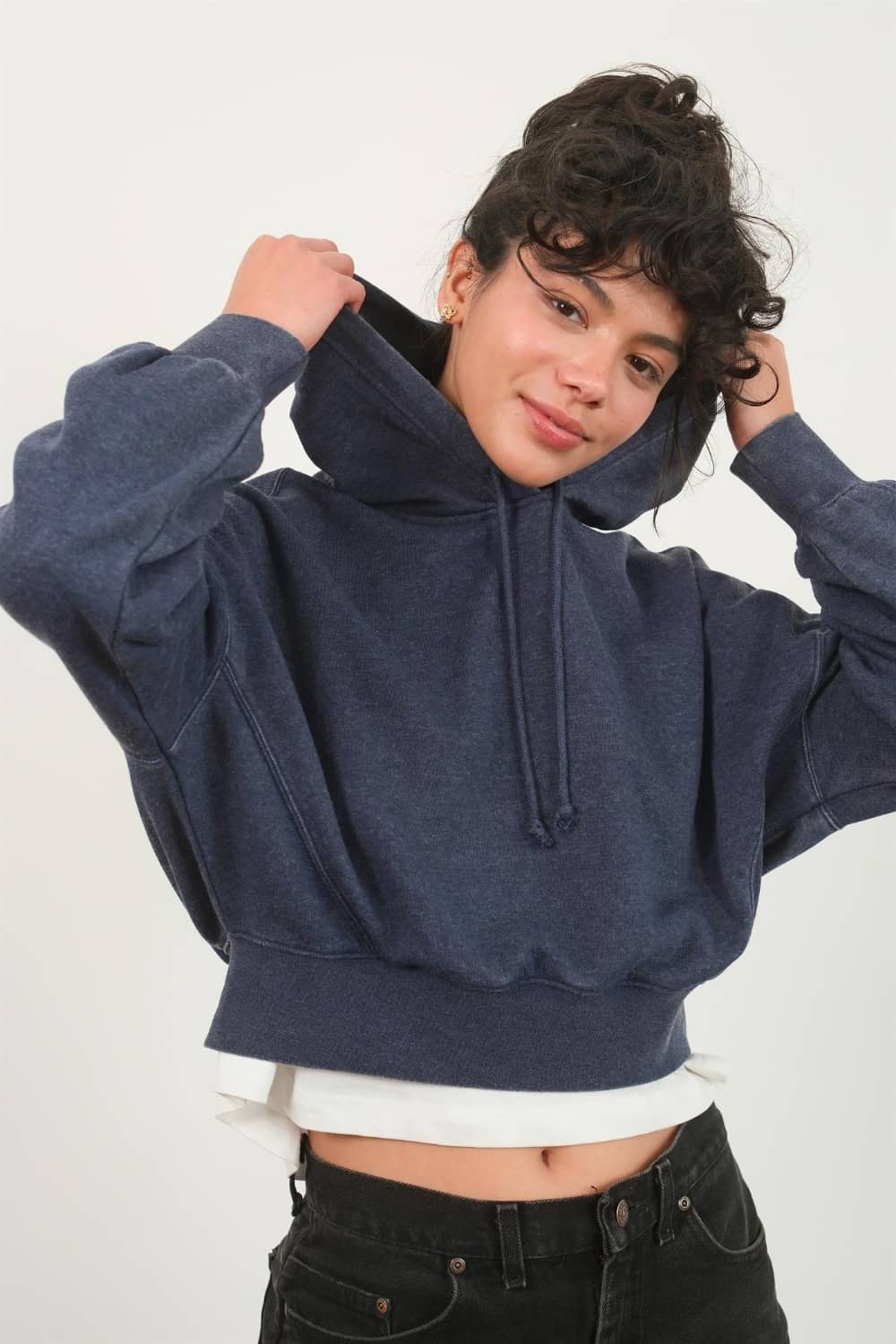 Drop Shoulder Cropped Hoodie Dark Night