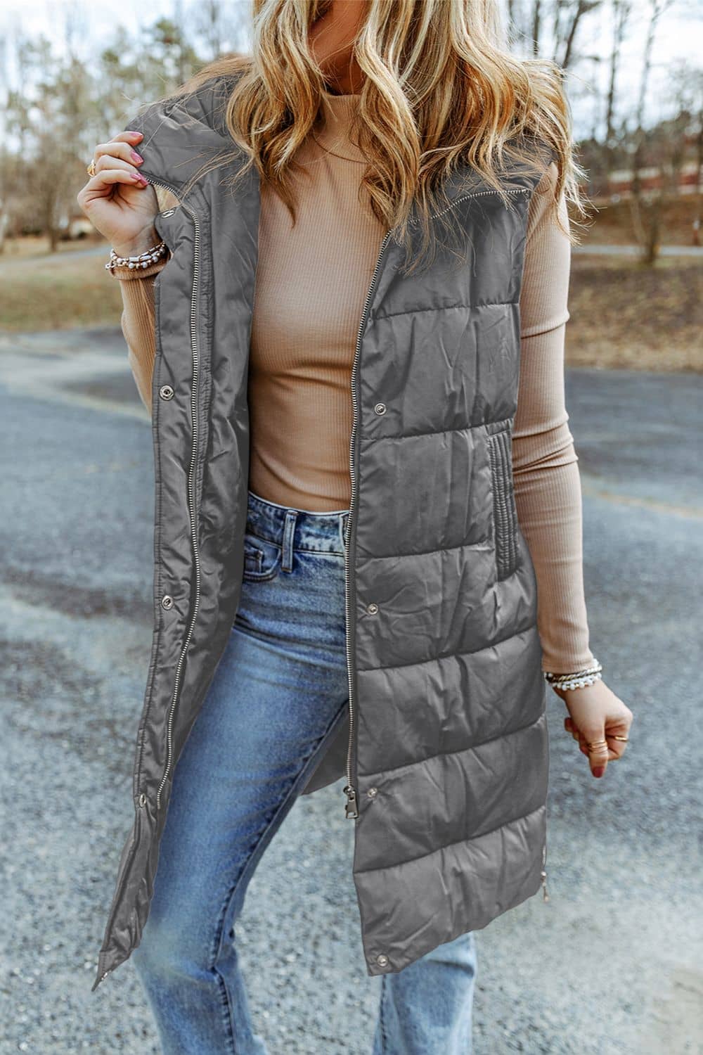 long puffer vest with hood