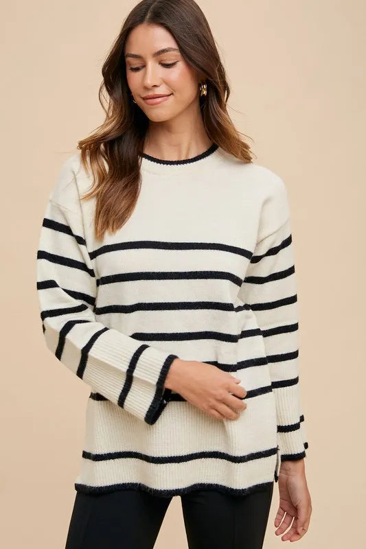 Side Slit Striped Round Neck Sweater Ivory