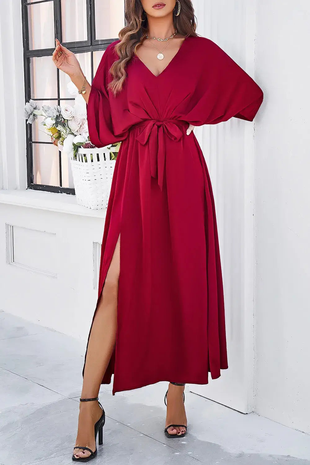 3/4 sleeve dress for wedding guest Wine Red S