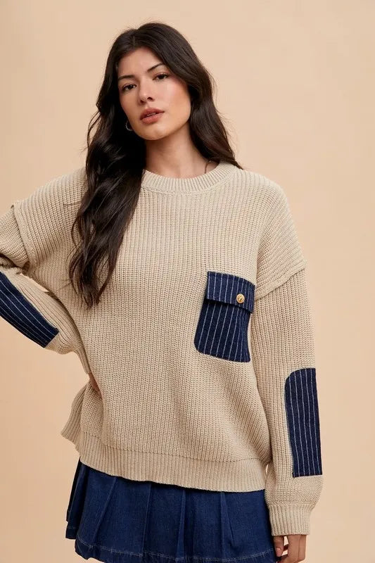 Drop Shoulder Sweater with Patch Pocket Khaki