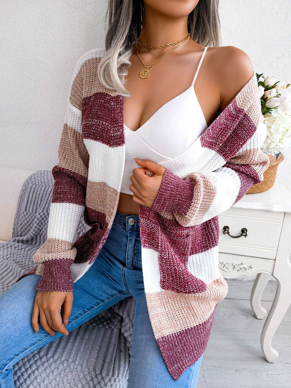 color block cardigan Wine Red