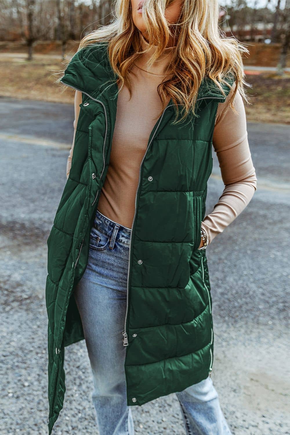 long puffer vest with hood