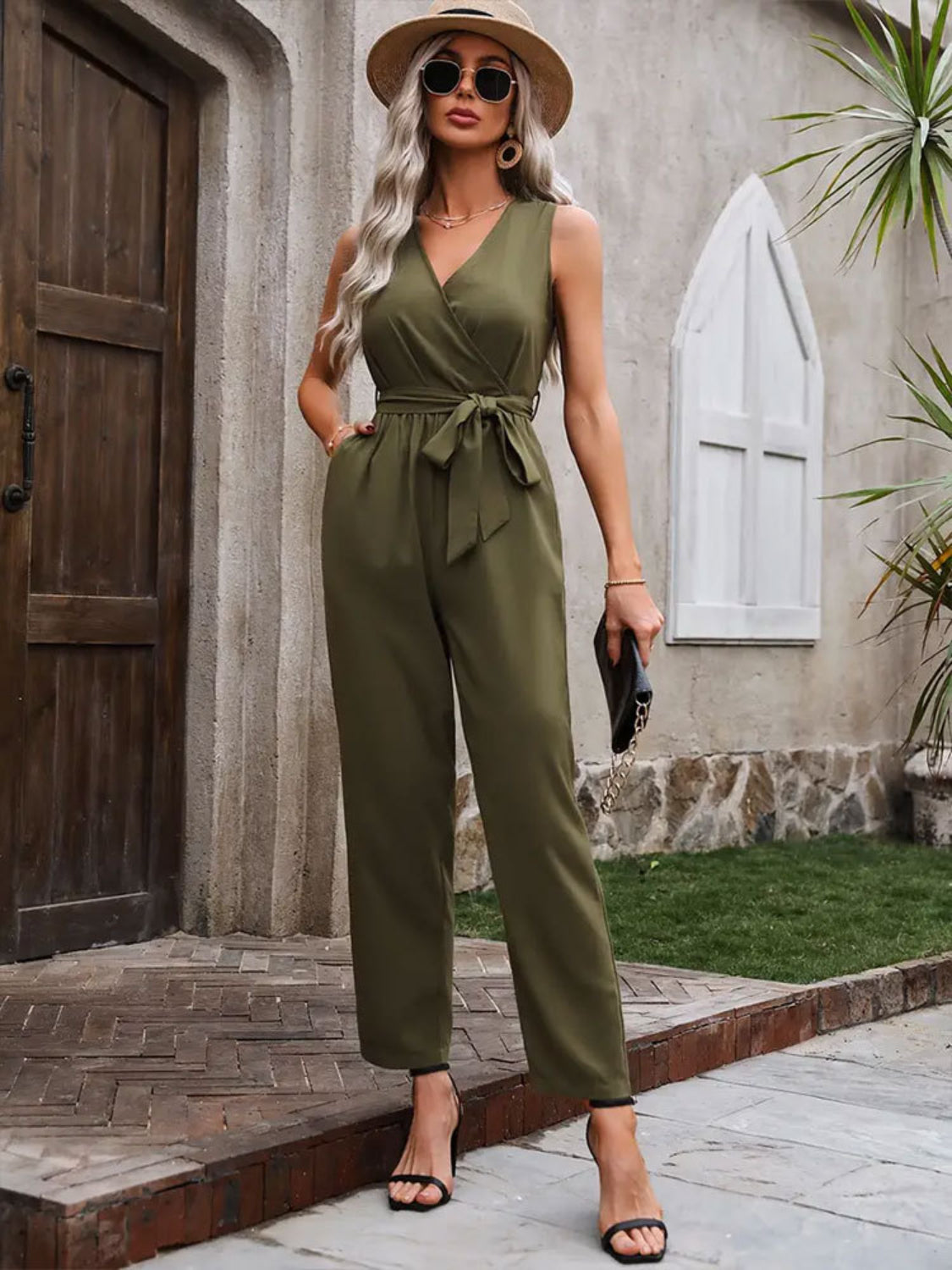 Surplice Tie Waist Sleeveless Jumpsuit Army Green