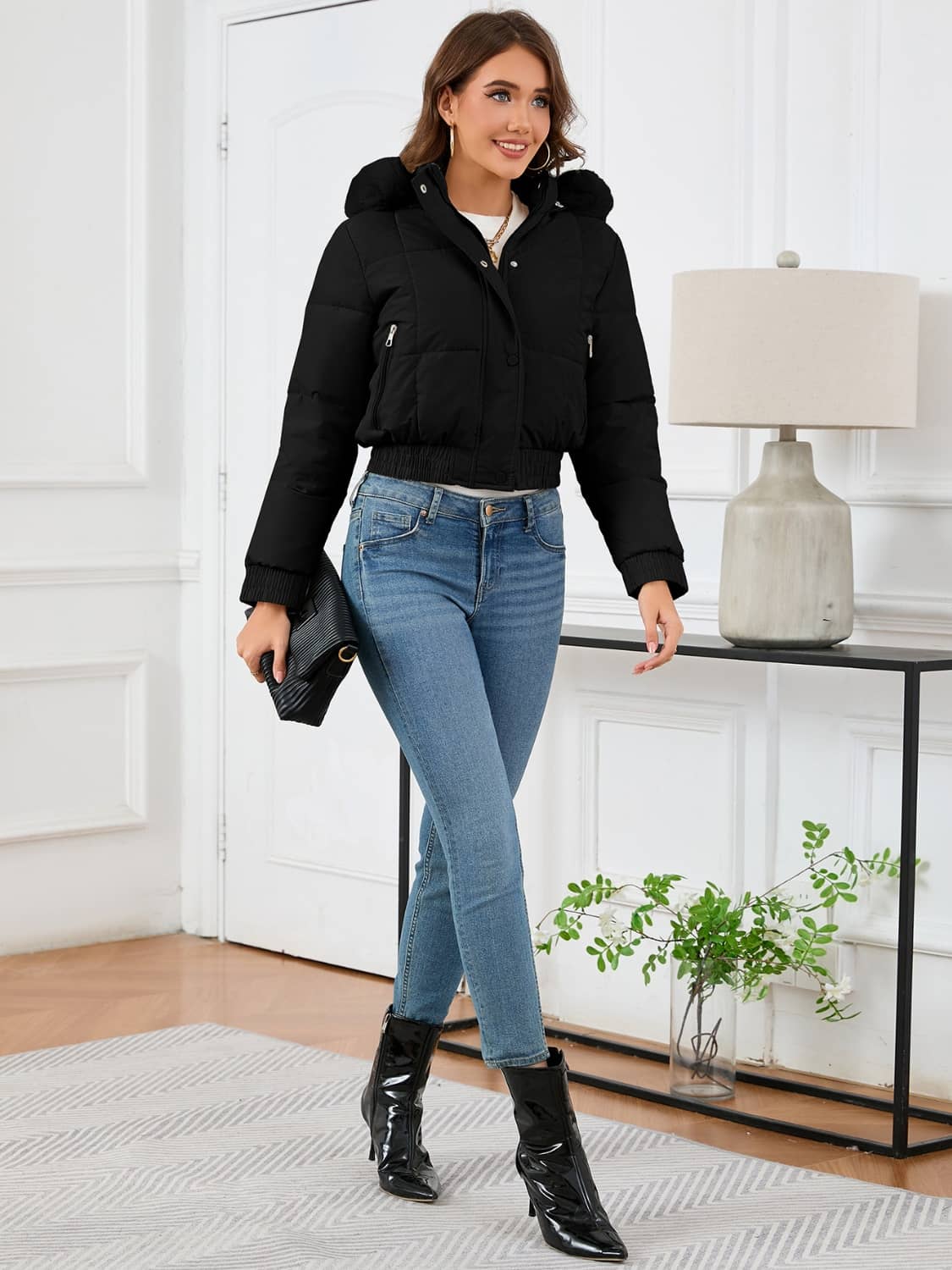 crop puffer jacket with fur hood