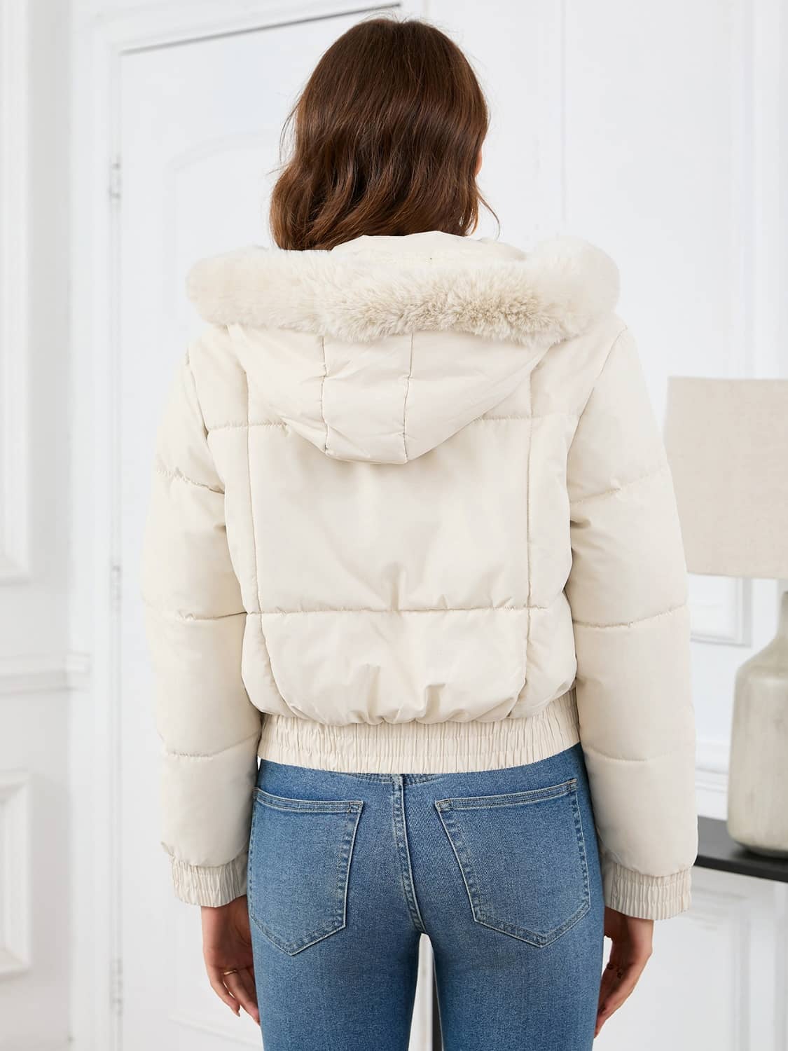 crop puffer jacket with fur hood