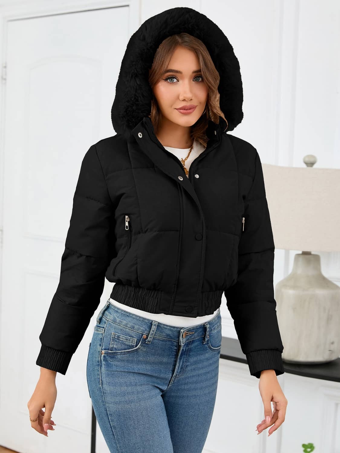 crop puffer jacket with fur hood