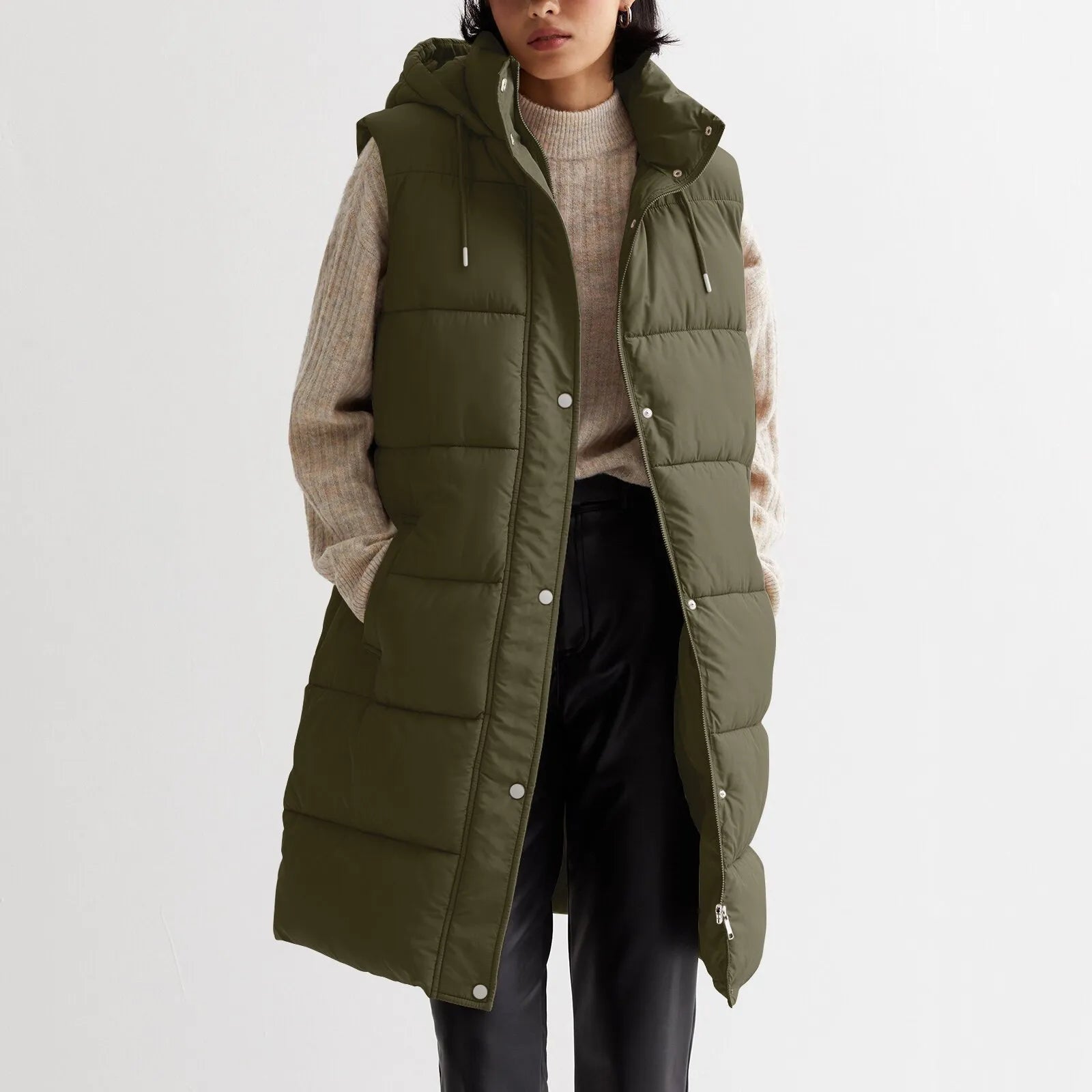 womens long puffer vest with hood Army Green