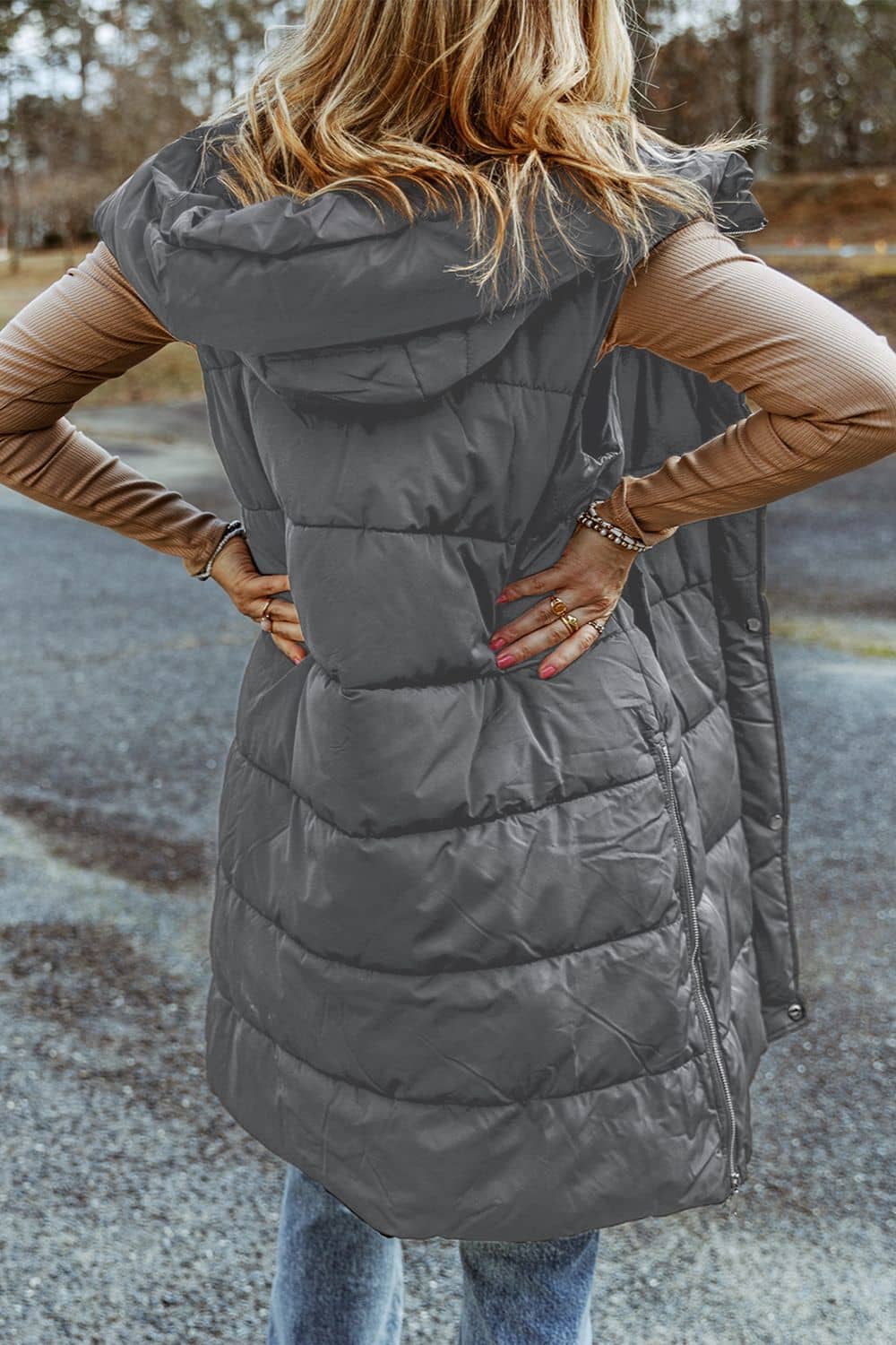 long puffer vest with hood