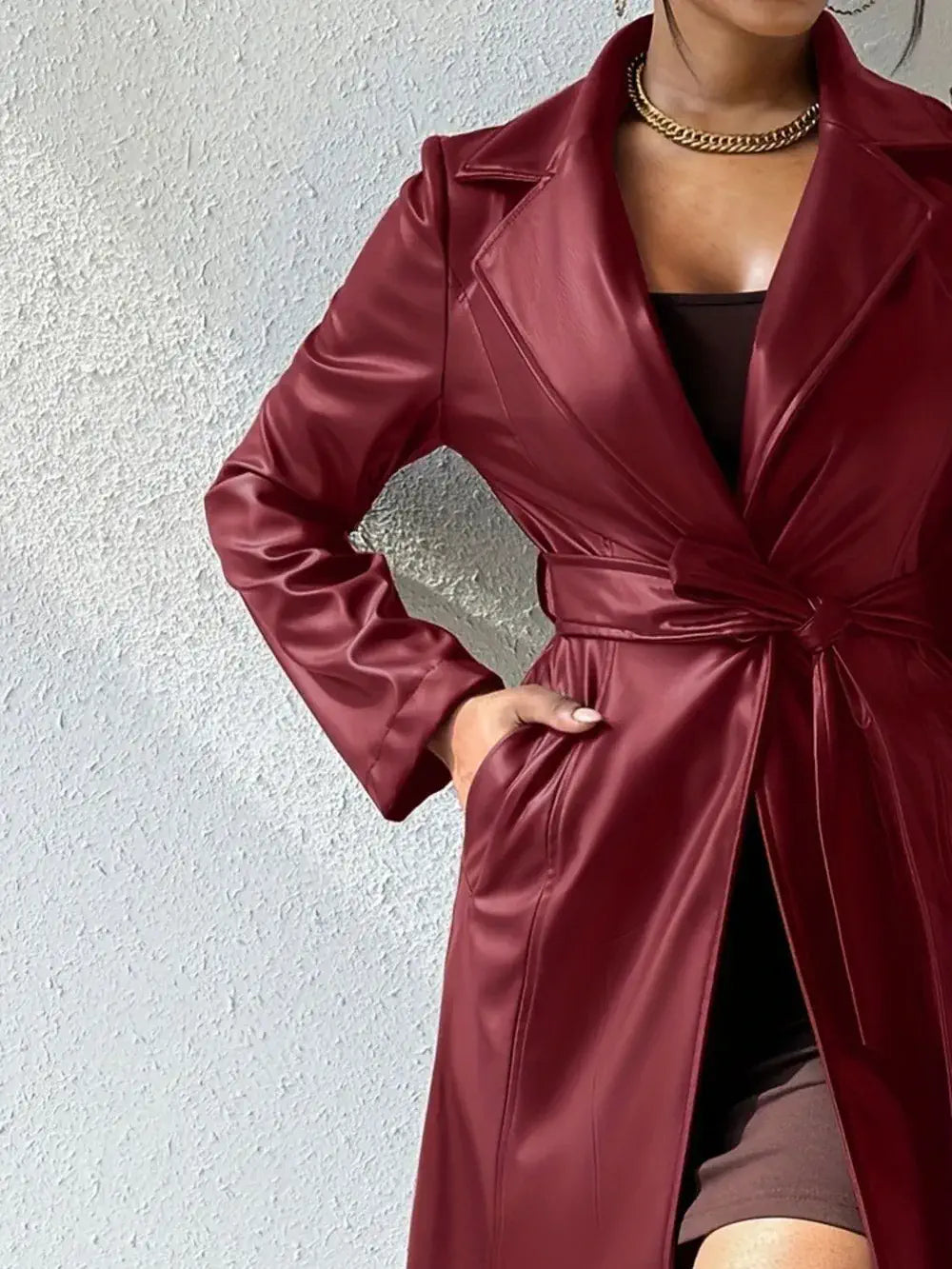 women's faux leather trench coat