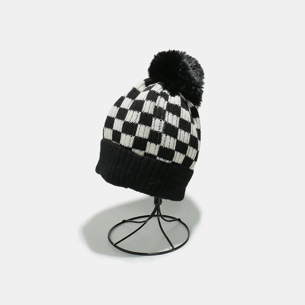 Checkered Knit Hat with Pompom Black One Size