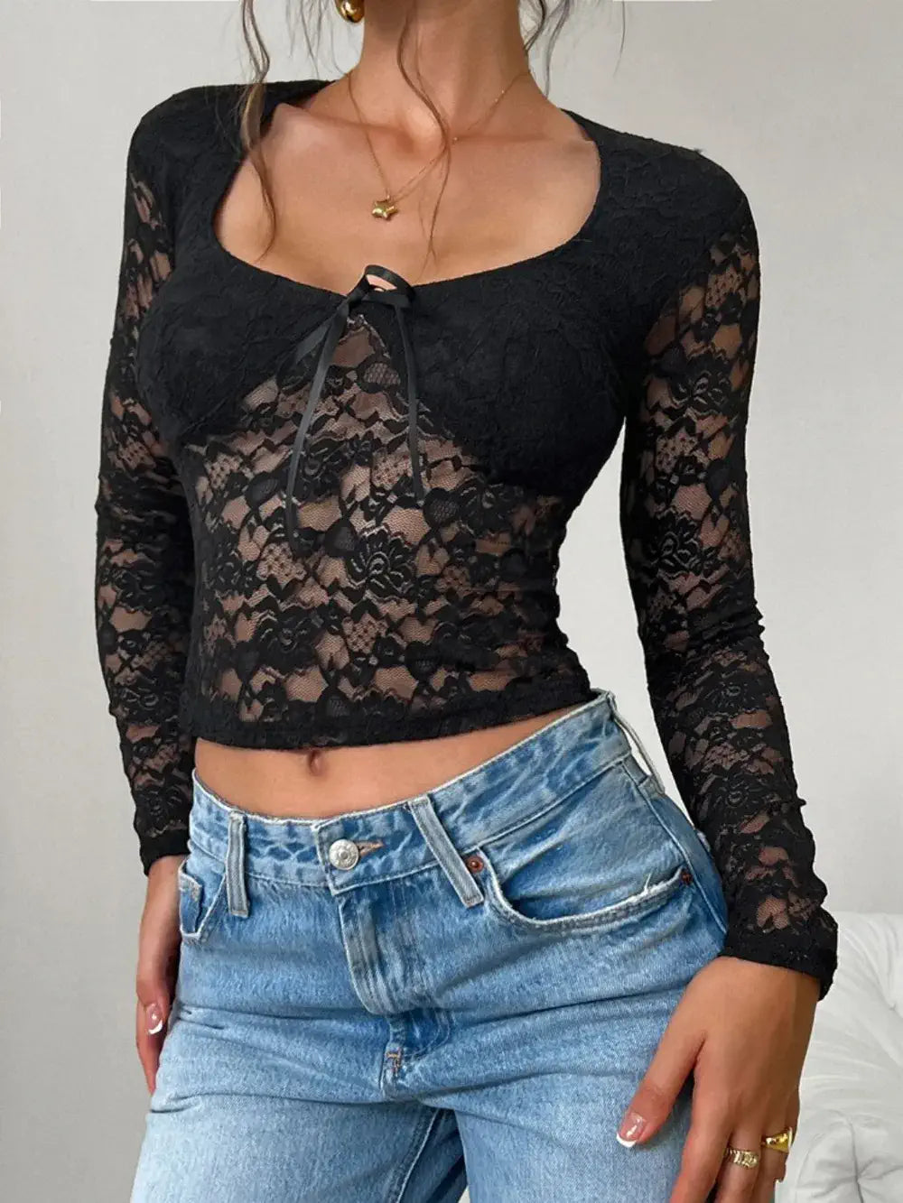 crop top lace long sleeve Black