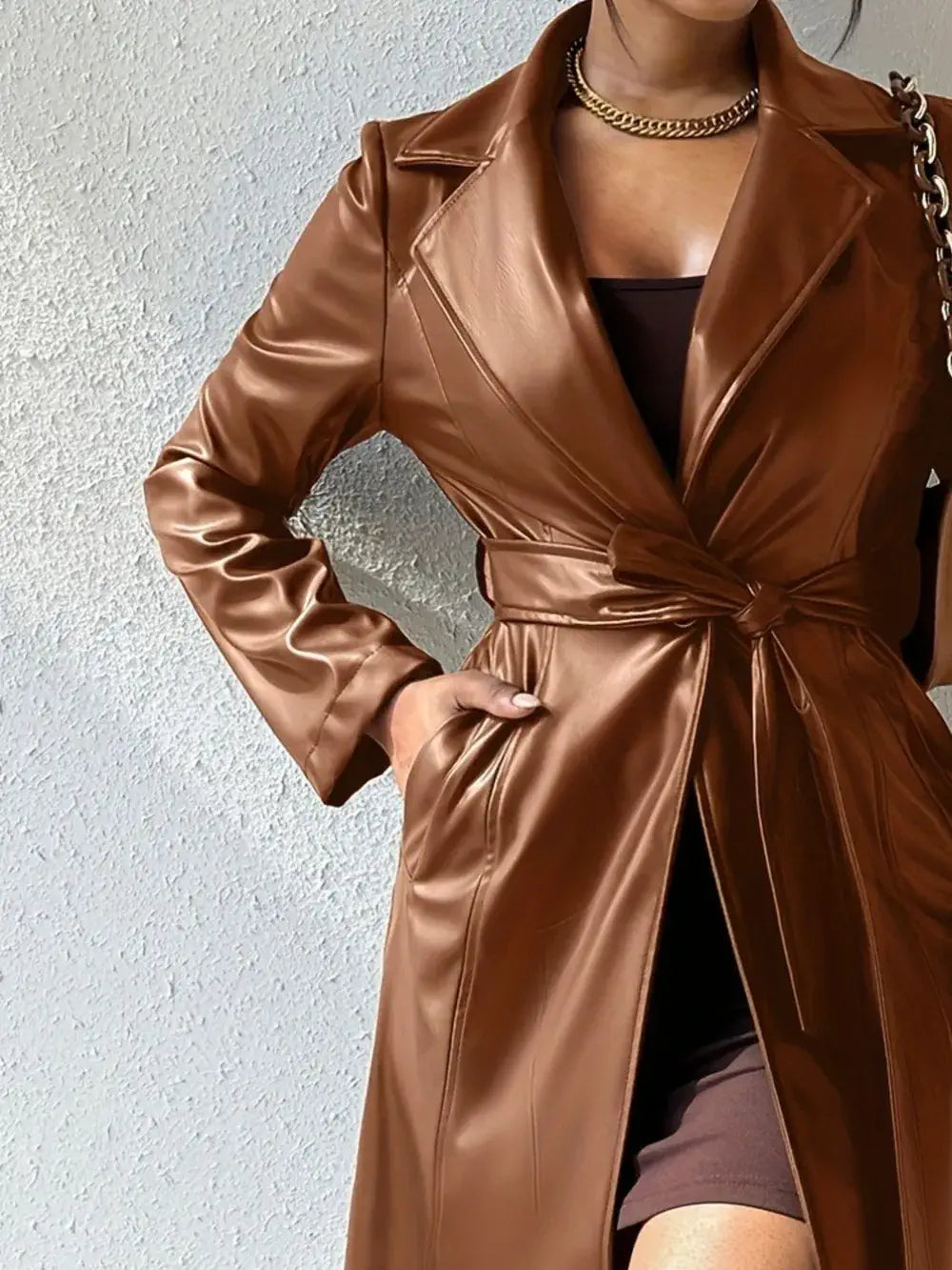 women's faux leather trench coat