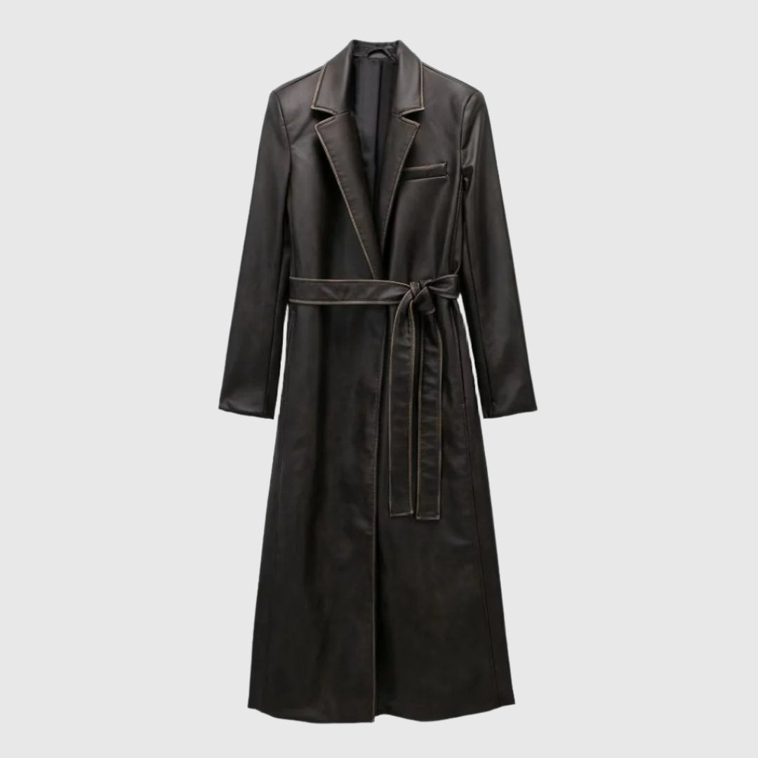 faux Leather Belted Coat Black