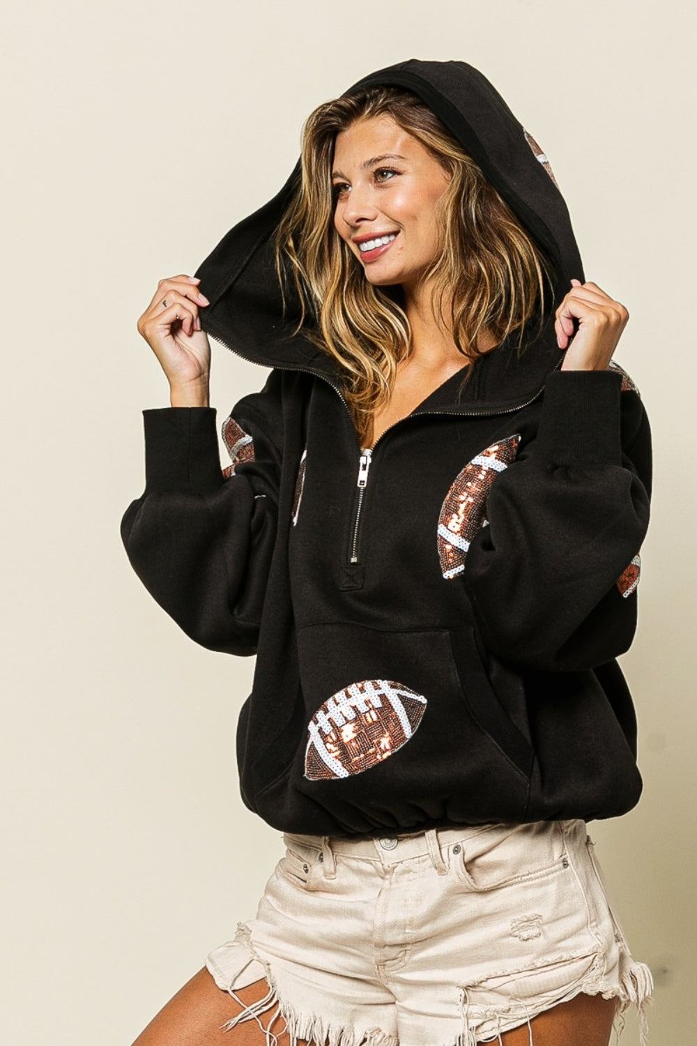 Sequin Football Half Zip Hoodie